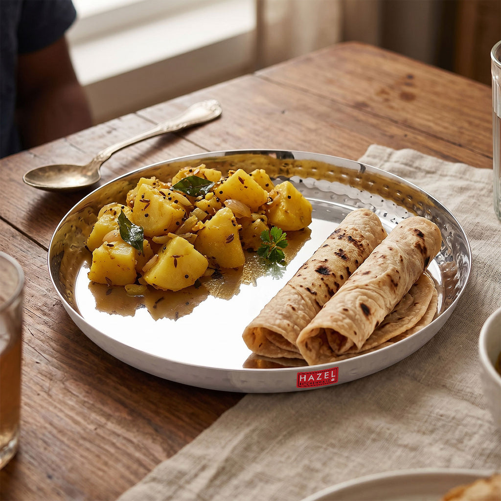 Stainless Steel Side Hammered Lunch Plate Thali, Dinner Plate Food Serving Plate, 25cm