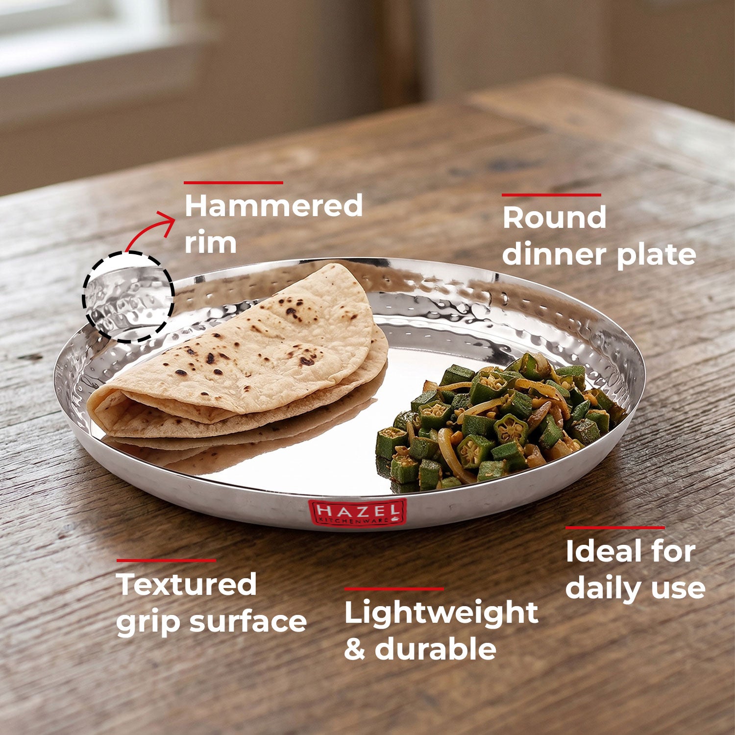 Stainless Steel Side Hammered Lunch Plate Thali, Dinner Plate Food Serving Plate, 25cm
