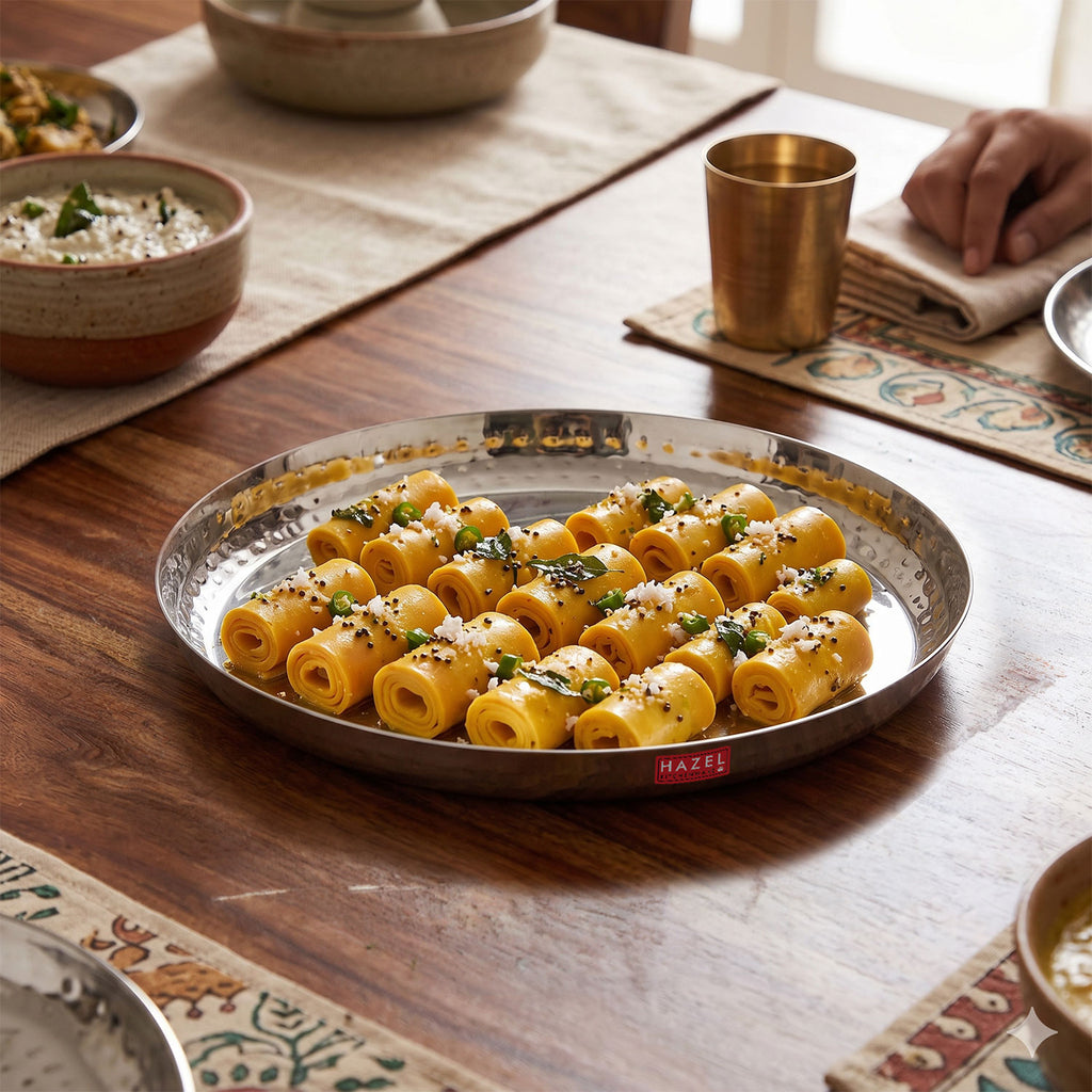 Stainless Steel Side Hammered Lunch Plate Thali, Dinner Plate Food Serving Plate, 25cm