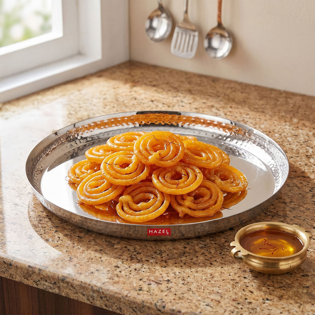 Stainless Steel Side Hammered Lunch Plate Thali, Dinner Plate Food Serving Plate, 29.7cm