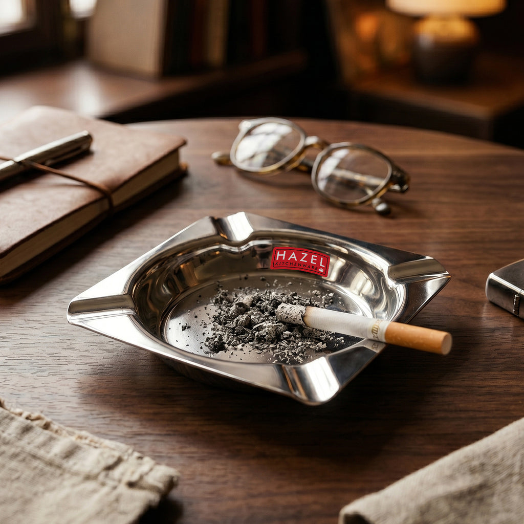 Square Stainless Steel Ash Tray with 4 Cigarette Holders, 10.7 Cm