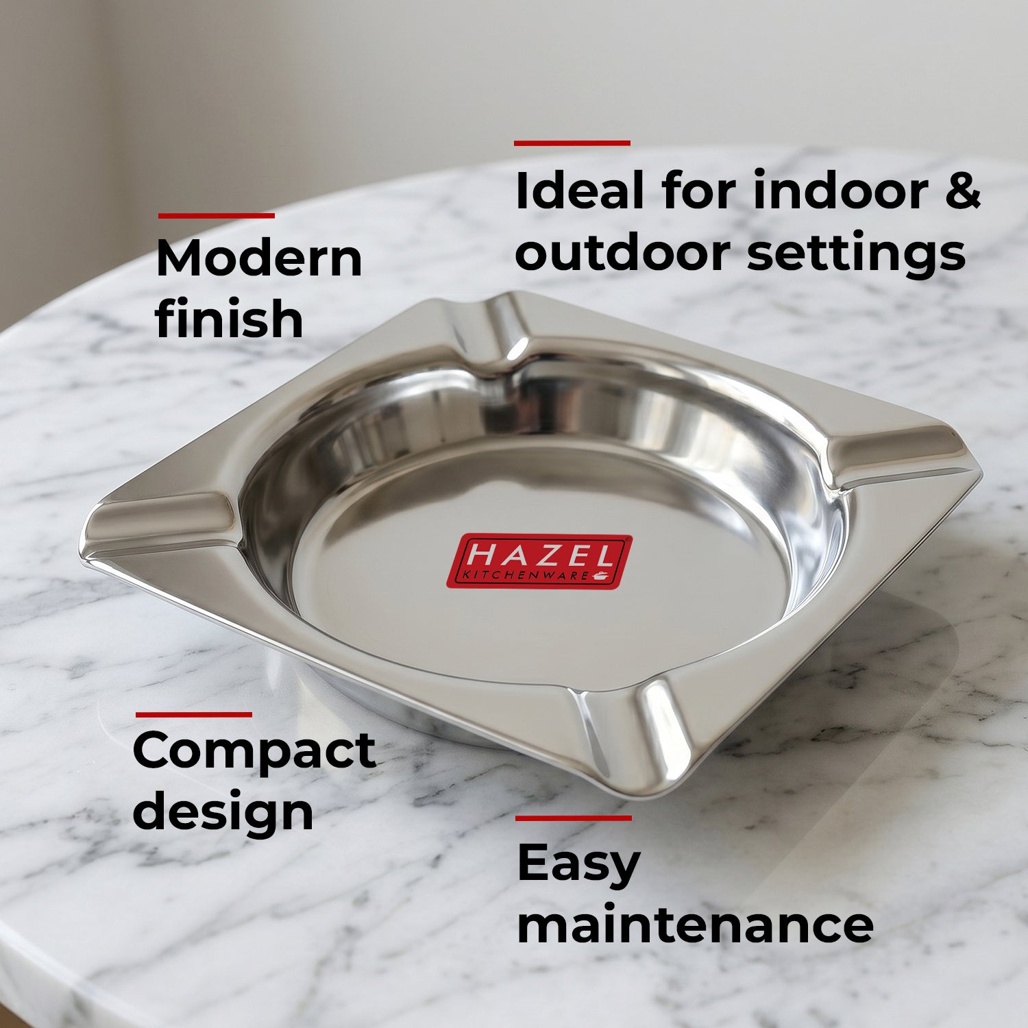 Square Stainless Steel Ash Tray with 4 Cigarette Holders, 10.7 Cm