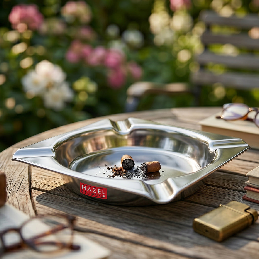 Square Stainless Steel Ash Tray with 4 Cigarette Holders, 10.7 Cm