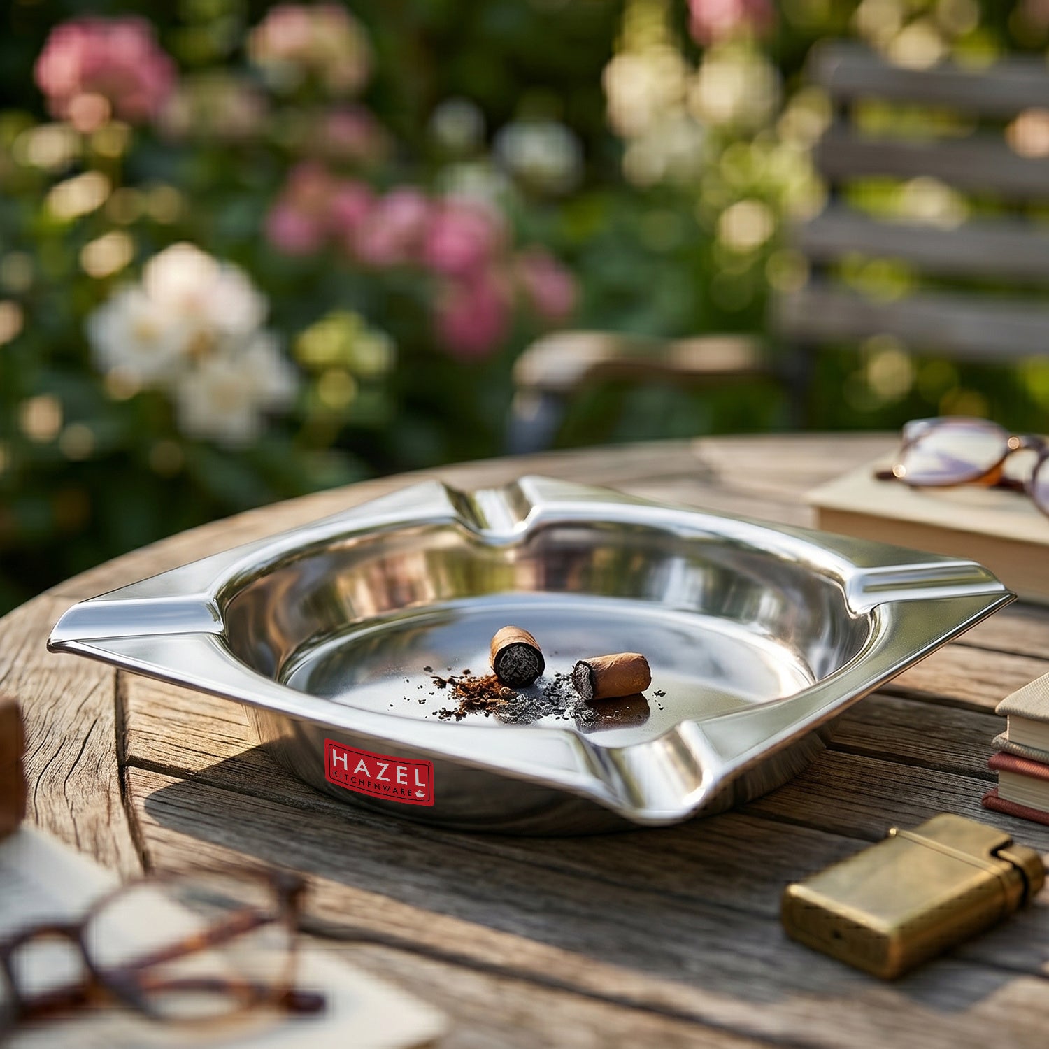 Square Stainless Steel Ash Tray with 4 Cigarette Holders, 10.7 Cm