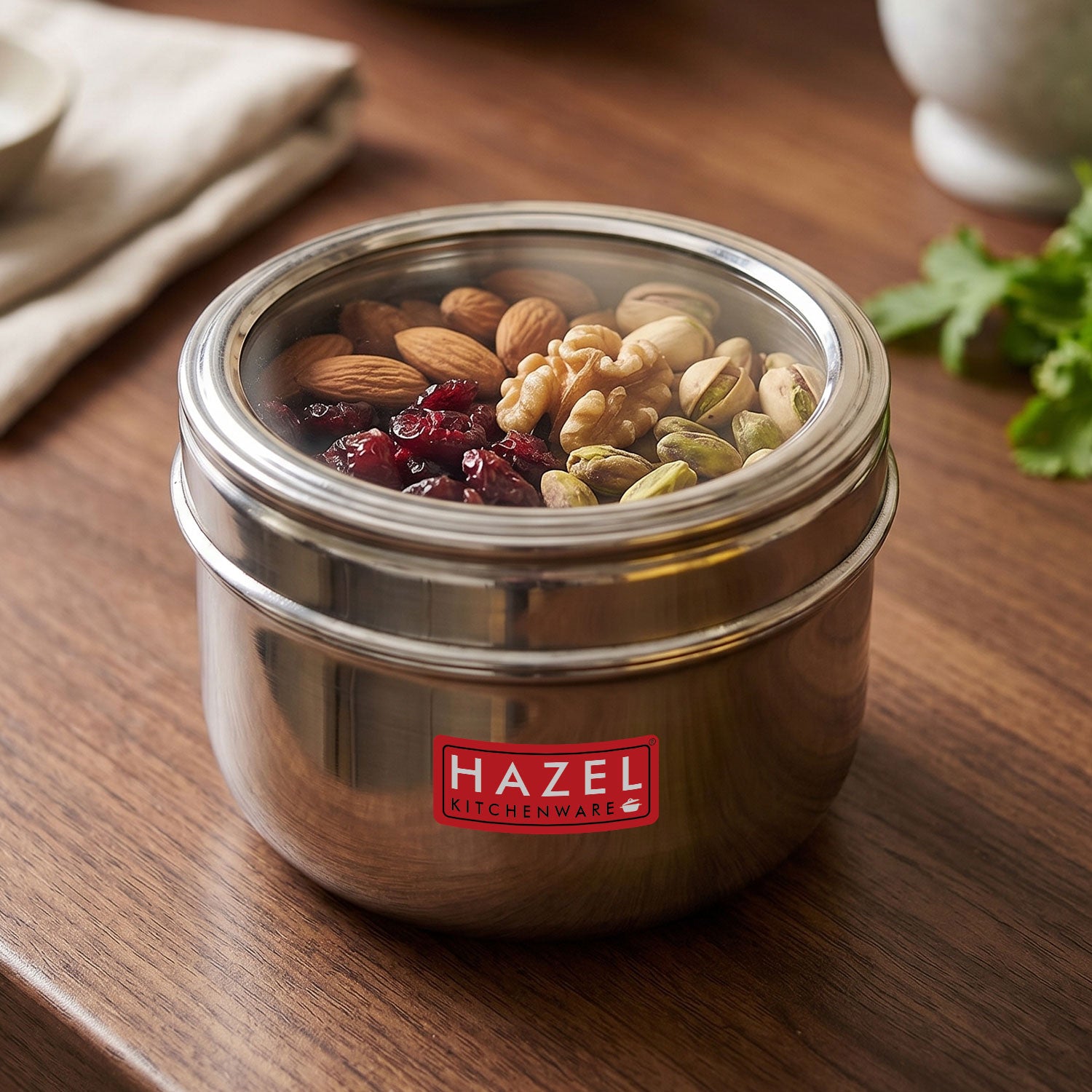 Stainless Steel Round See-Through Container with Transparent Lid, 800ml