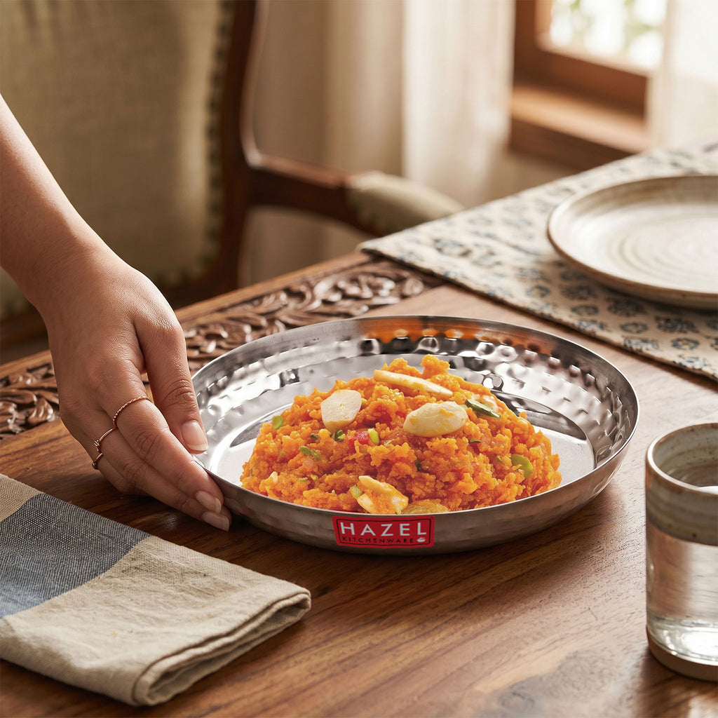 Stainless Steel Side Hammered Finish Round Snack Plate Thali Nasta Plate, 15cm