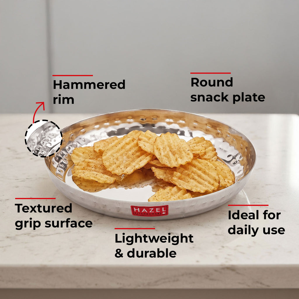 Stainless Steel Side Hammered Finish Round Snack Plate Thali Nasta Plate, 15cm