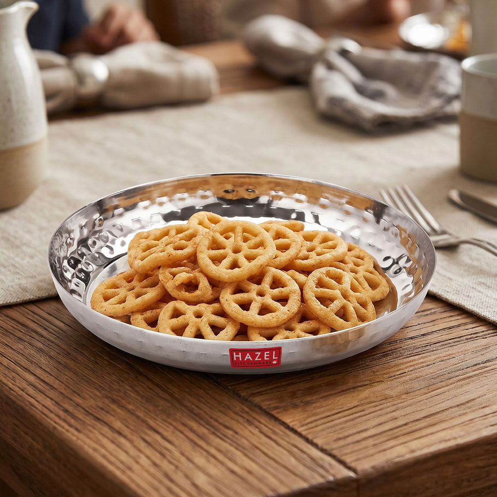 Stainless Steel Side Hammered Finish Round Snack Plate Thali Nasta Plate, 15cm