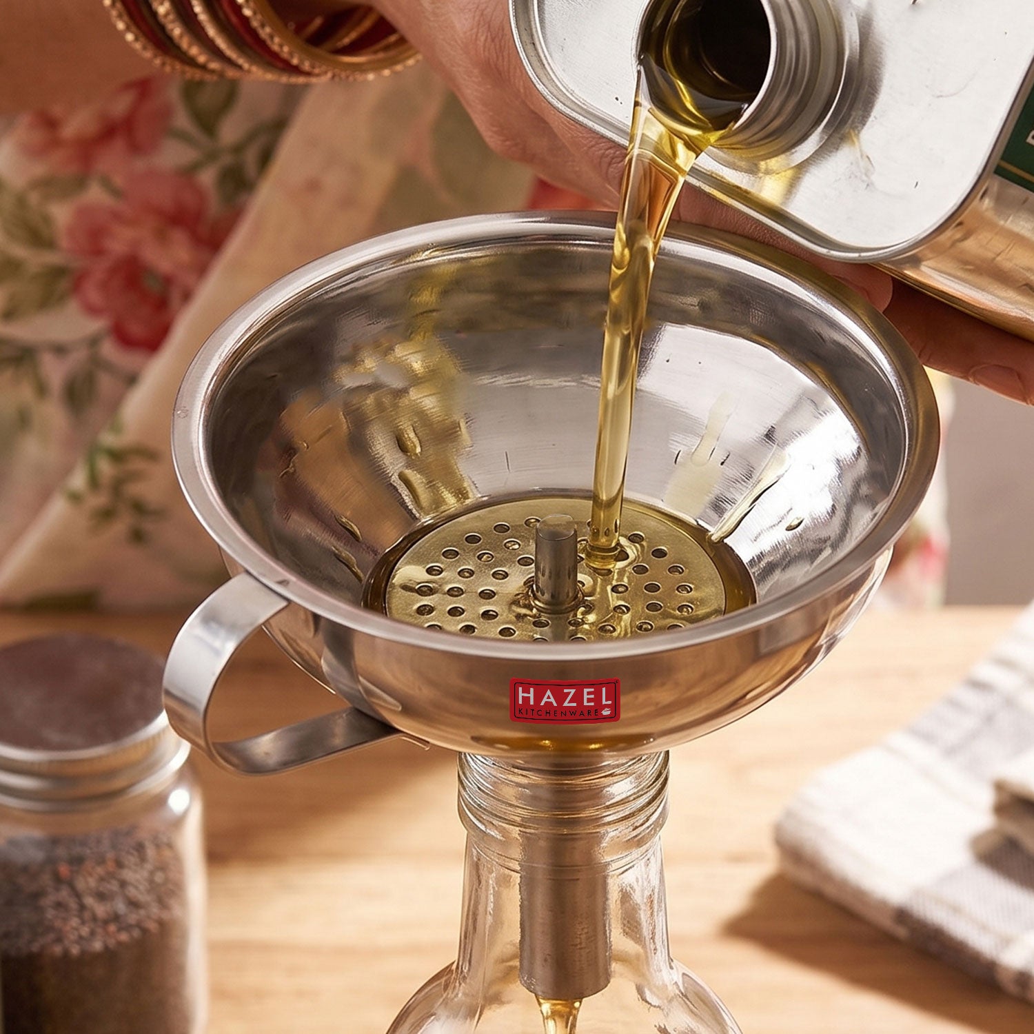 Stainless Steel Funnel with Filter, Wide Mouth Metal Funnel with Handle & Removable Strainer