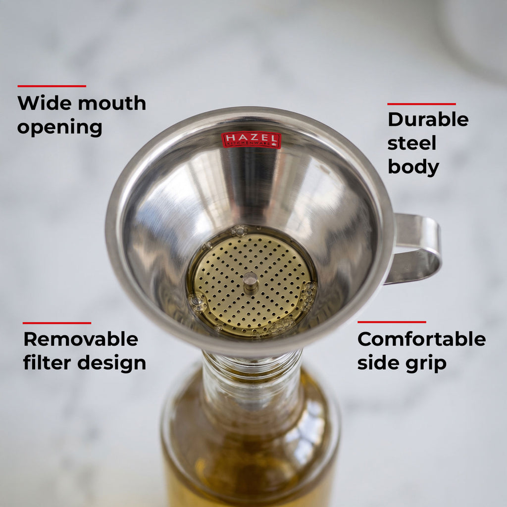Stainless Steel Funnel with Filter, Wide Mouth Metal Funnel with Handle & Removable Strainer