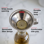 Stainless Steel Funnel with Filter, Wide Mouth Metal Funnel with Handle & Removable Strainer