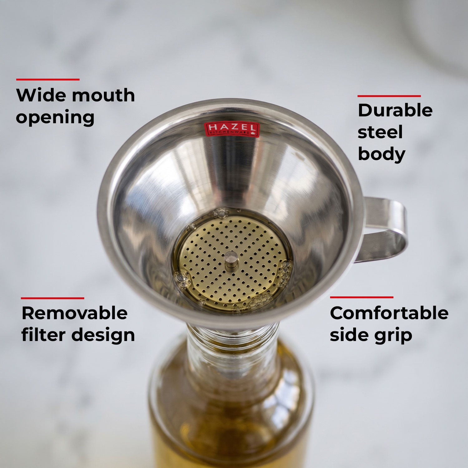 Stainless Steel Funnel with Filter, Wide Mouth Metal Funnel with Handle & Removable Strainer