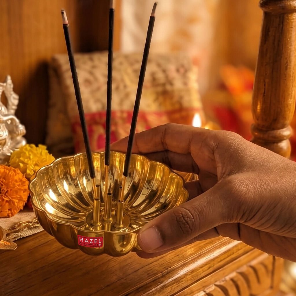 Brass Agarbatti Stand, Flower Shaped Incense Holder with 5 Stick Slots