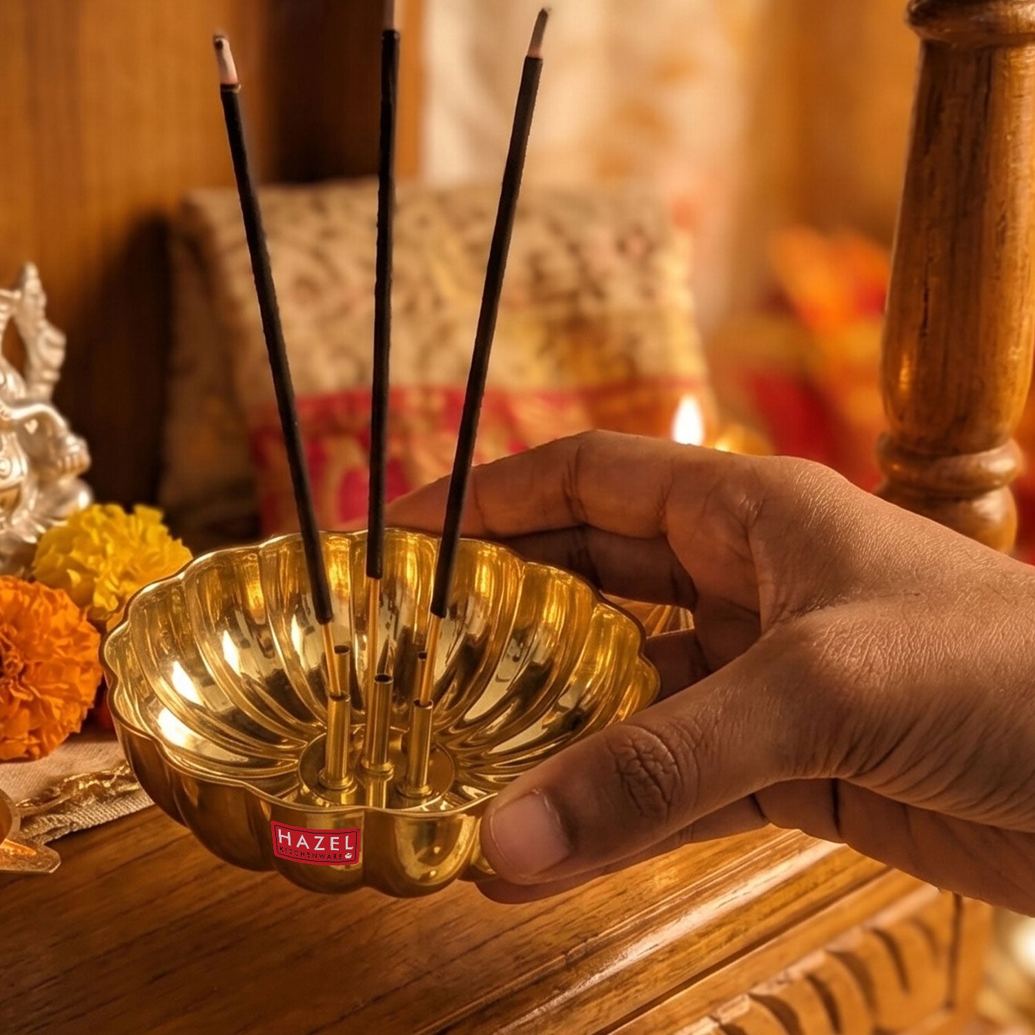 Brass Agarbatti Stand, Flower Shaped Incense Holder with 5 Stick Slots