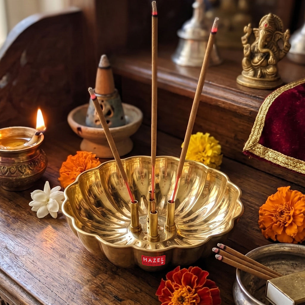 Brass Agarbatti Stand, Flower Shaped Incense Holder with 5 Stick Slots