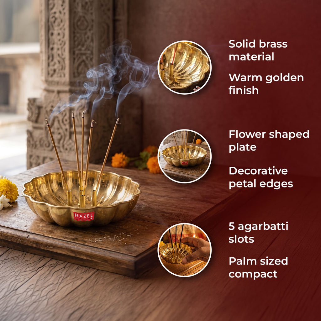 Brass Agarbatti Stand, Flower Shaped Incense Holder with 5 Stick Slots