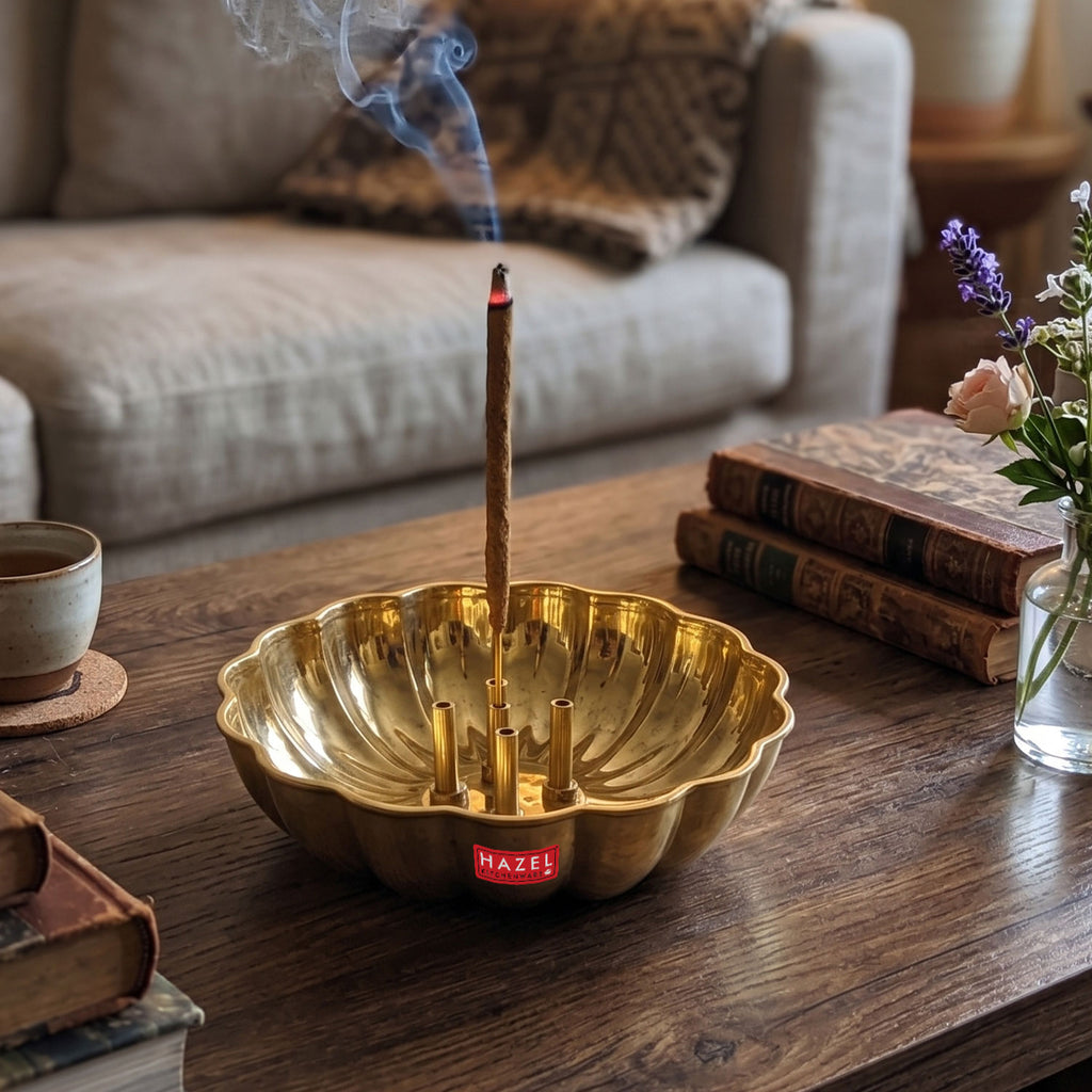 Brass Agarbatti Stand, Flower Shaped Incense Holder with 5 Stick Slots