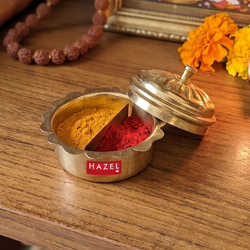 Brass Kumkum Dabbi with Lid, Haldi Box Sindoor Container Flower Shape Edge