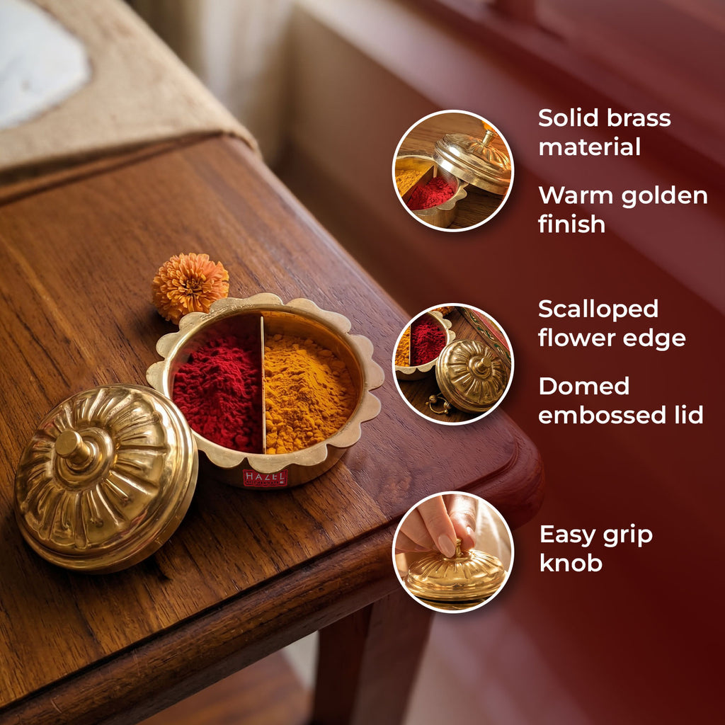 Brass Kumkum Dabbi with Lid, Haldi Box Sindoor Container Flower Shape Edge
