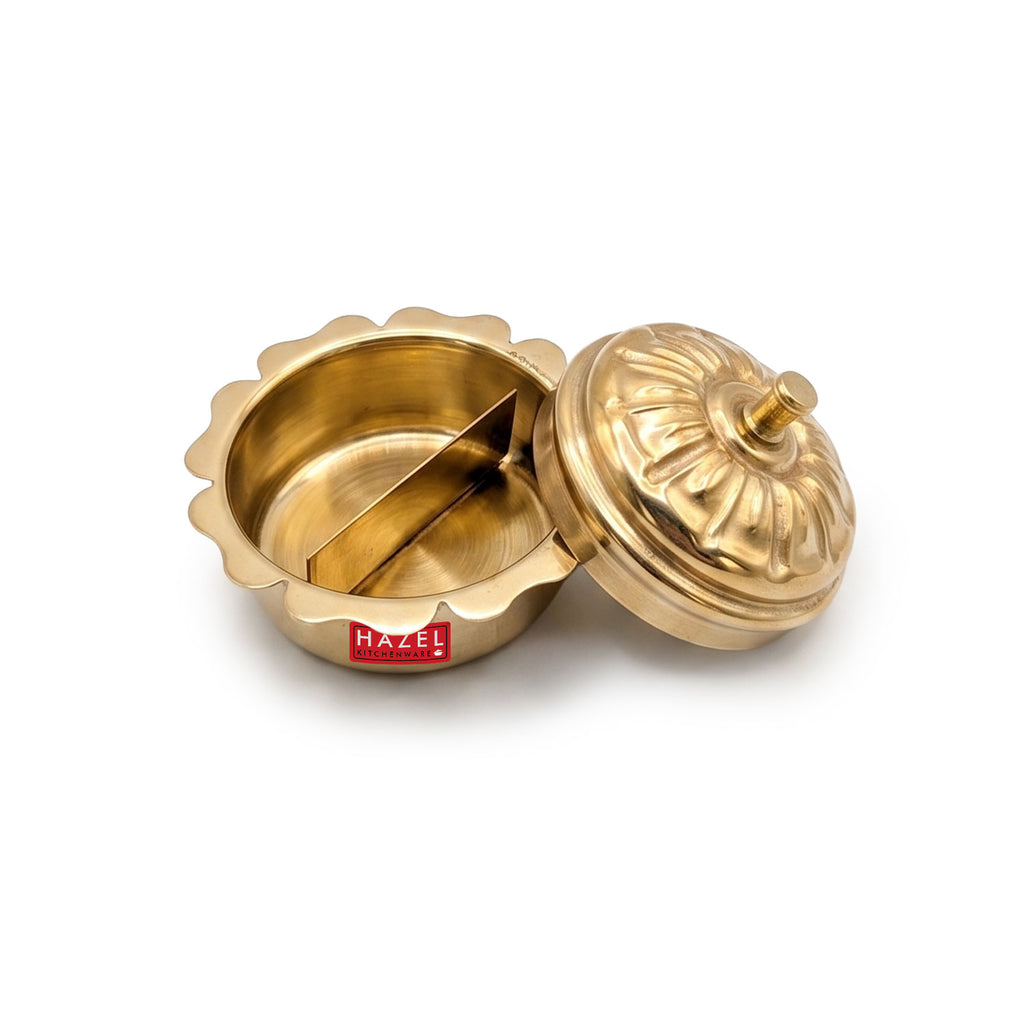 Brass Kumkum Dabbi with Lid, Haldi Box Sindoor Container Flower Shape Edge