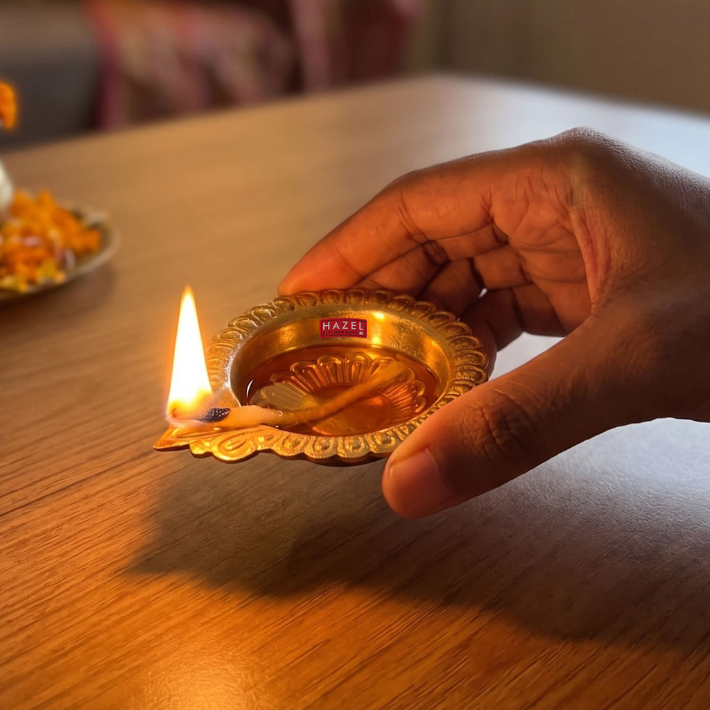 Brass Diya Deepak Large Flower Border, Oil Lamp Traditional Pooja Diwa Aarti