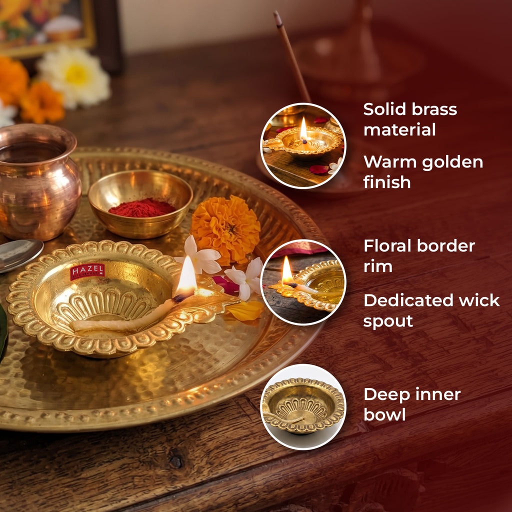 Brass Diya Deepak Large Flower Border, Oil Lamp Traditional Pooja Diwa Aarti