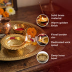 Brass Diya Deepak Large Flower Border, Oil Lamp Traditional Pooja Diwa Aarti