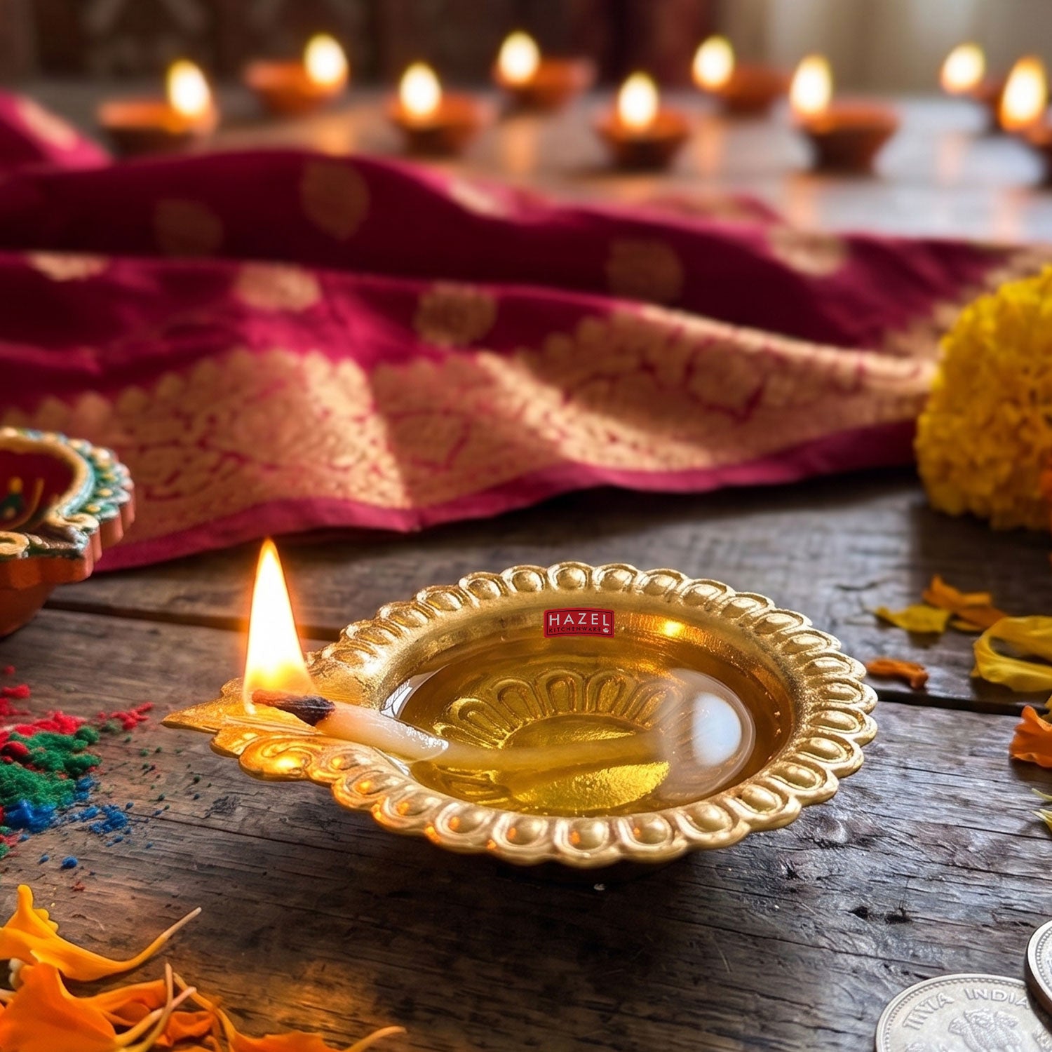Brass Diya Deepak Large Flower Border, Oil Lamp Traditional Pooja Diwa Aarti
