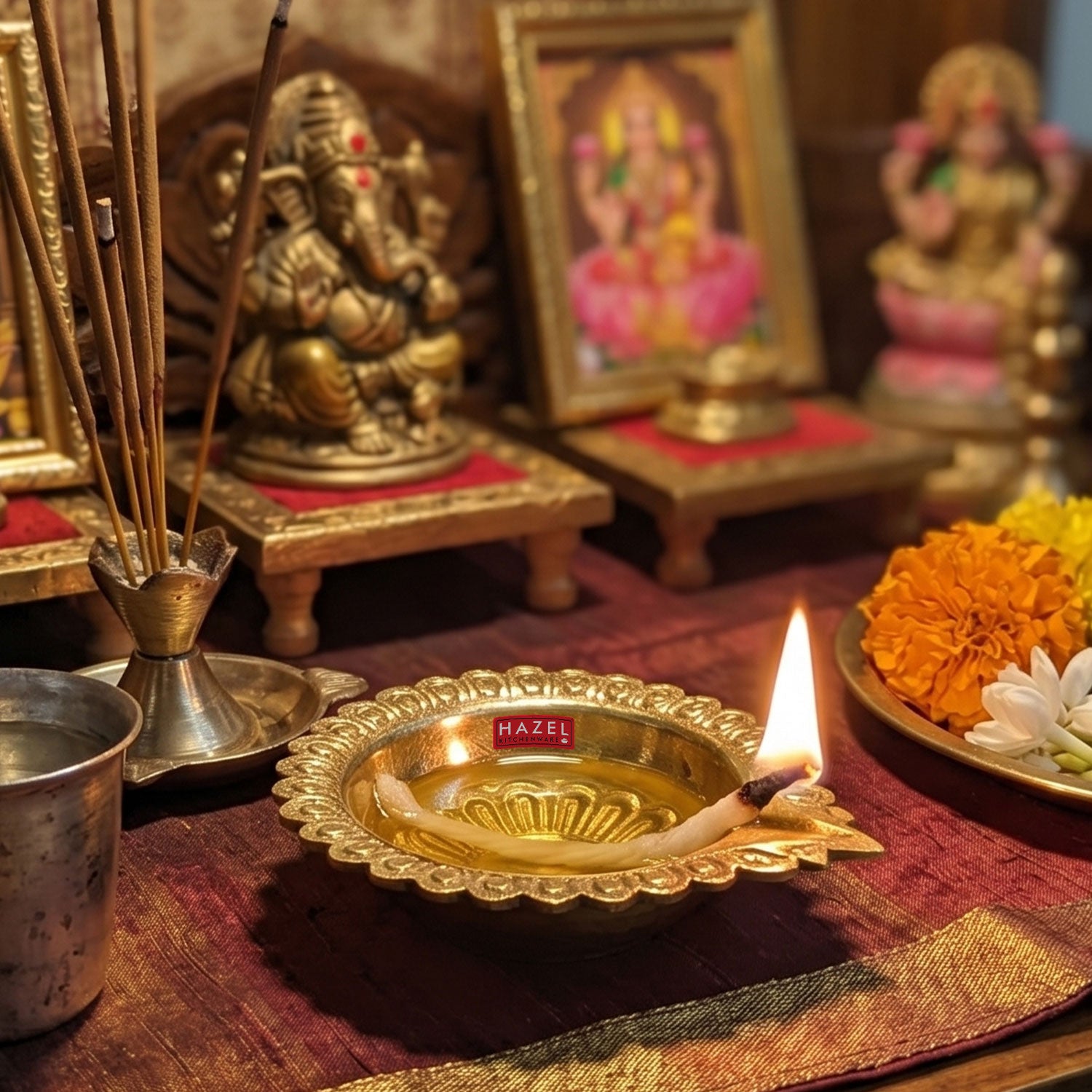 Brass Diya Deepak Large Flower Border, Oil Lamp Traditional Pooja Diwa Aarti