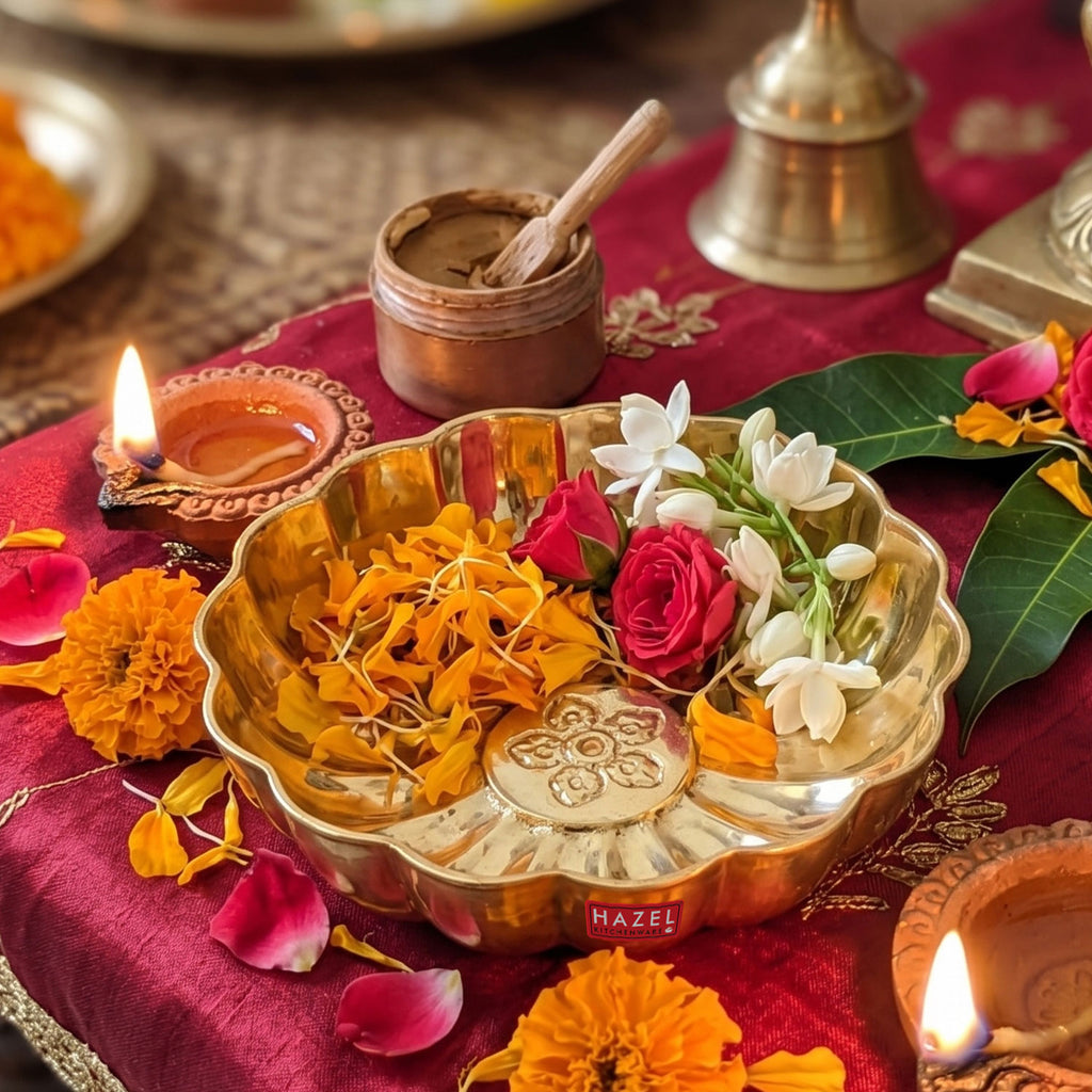 Brass Flower Plate, Prasad Plate, Engraved Flower Design Phool Thali