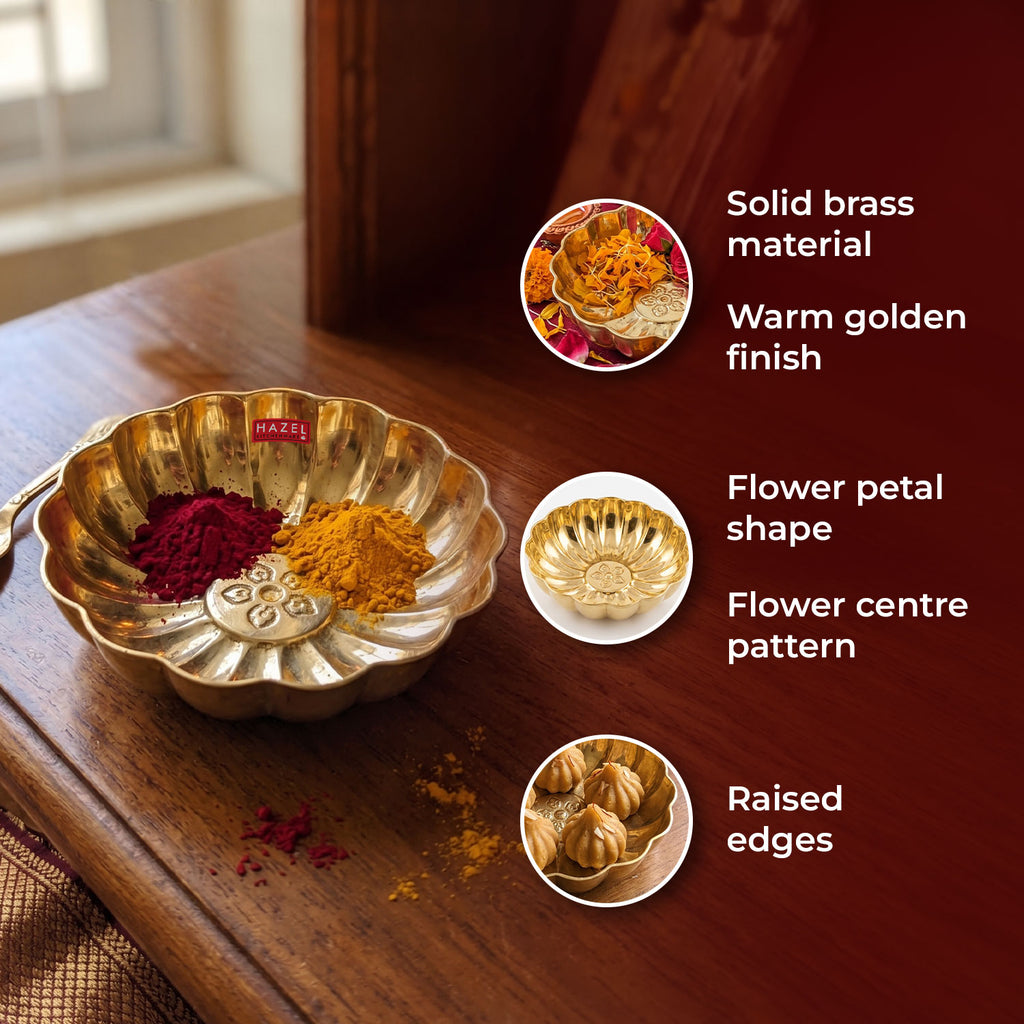 Brass Flower Plate, Prasad Plate, Engraved Flower Design Phool Thali