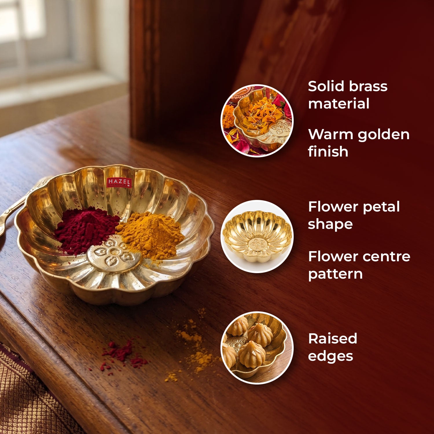Brass Flower Plate, Prasad Plate, Engraved Flower Design Phool Thali