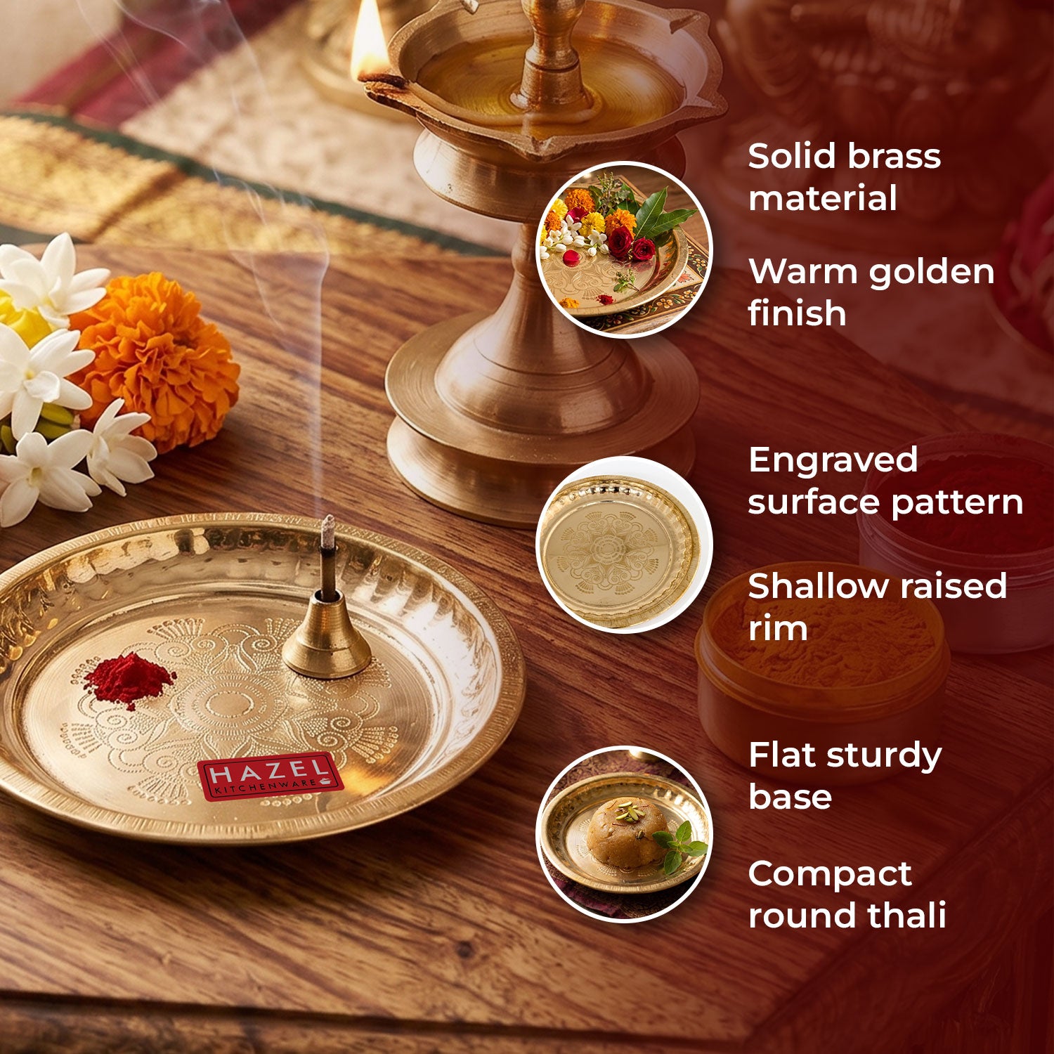 Brass Small Thali for Flower Offering, Prasad Plate, Kumkum Diya, Diwa Keeping Tray