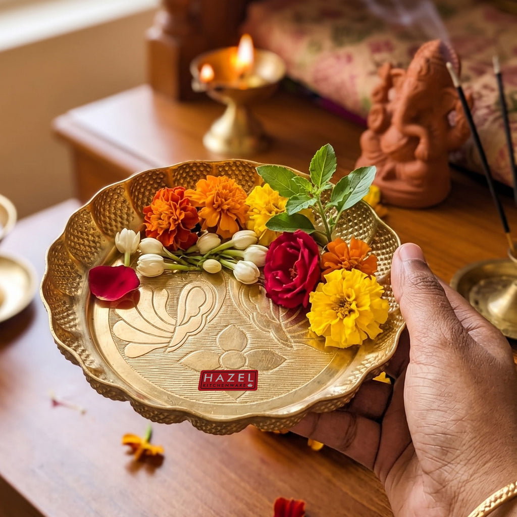 Brass Pooja Thali Morni Design, Peacock Engraved Plate
