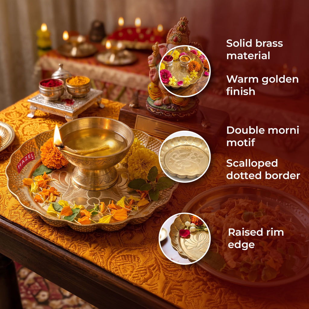 Brass Pooja Thali Morni Design, Peacock Engraved Plate