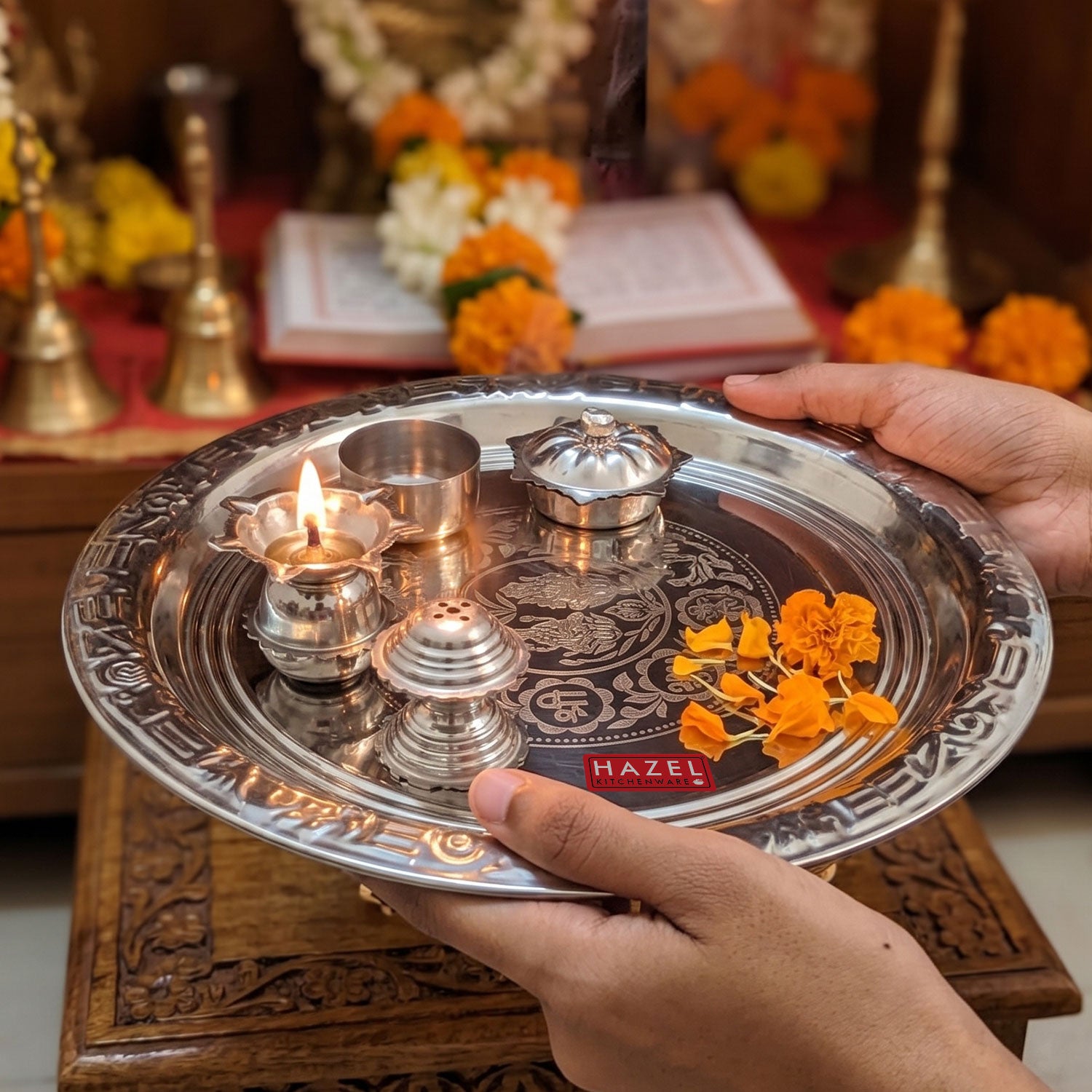 Stainless Steel Complete Pooja Thali Set, Lakshmi Ganesh Engraved Shubh Labh Aarti Thali