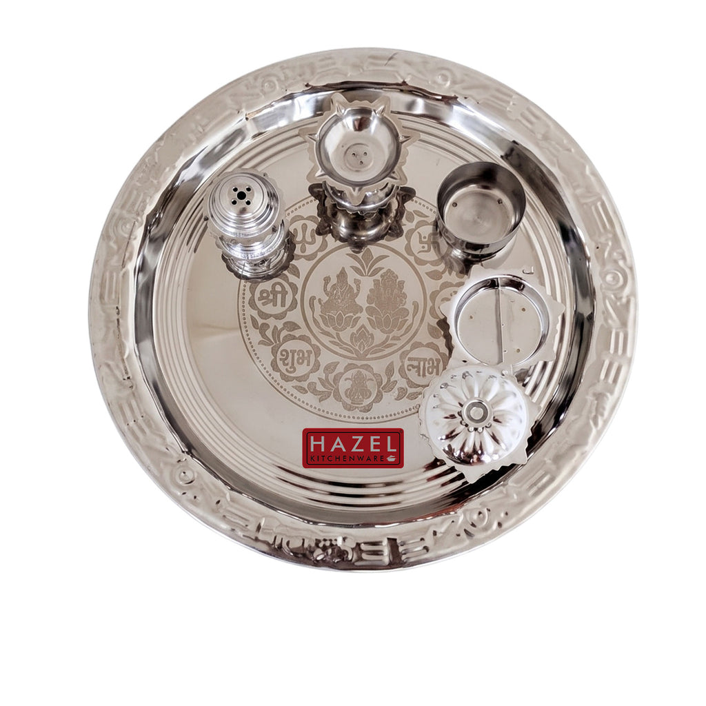 Stainless Steel Complete Pooja Thali Set, Lakshmi Ganesh Engraved Shubh Labh Aarti Thali