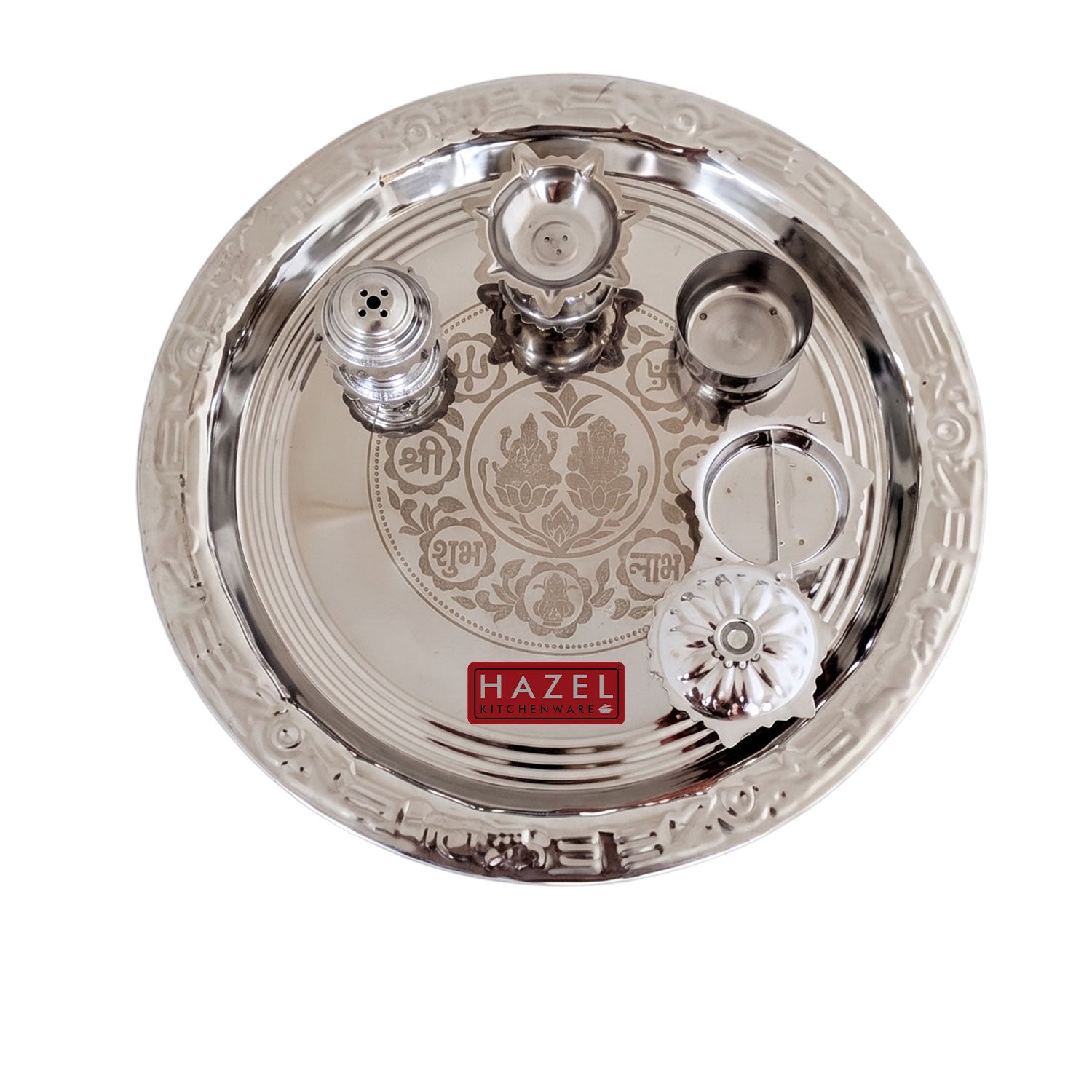 Stainless Steel Complete Pooja Thali Set, Lakshmi Ganesh Engraved Shubh Labh Aarti Thali
