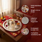 Stainless Steel Complete Pooja Thali Set, Lakshmi Ganesh Engraved Shubh Labh Aarti Thali