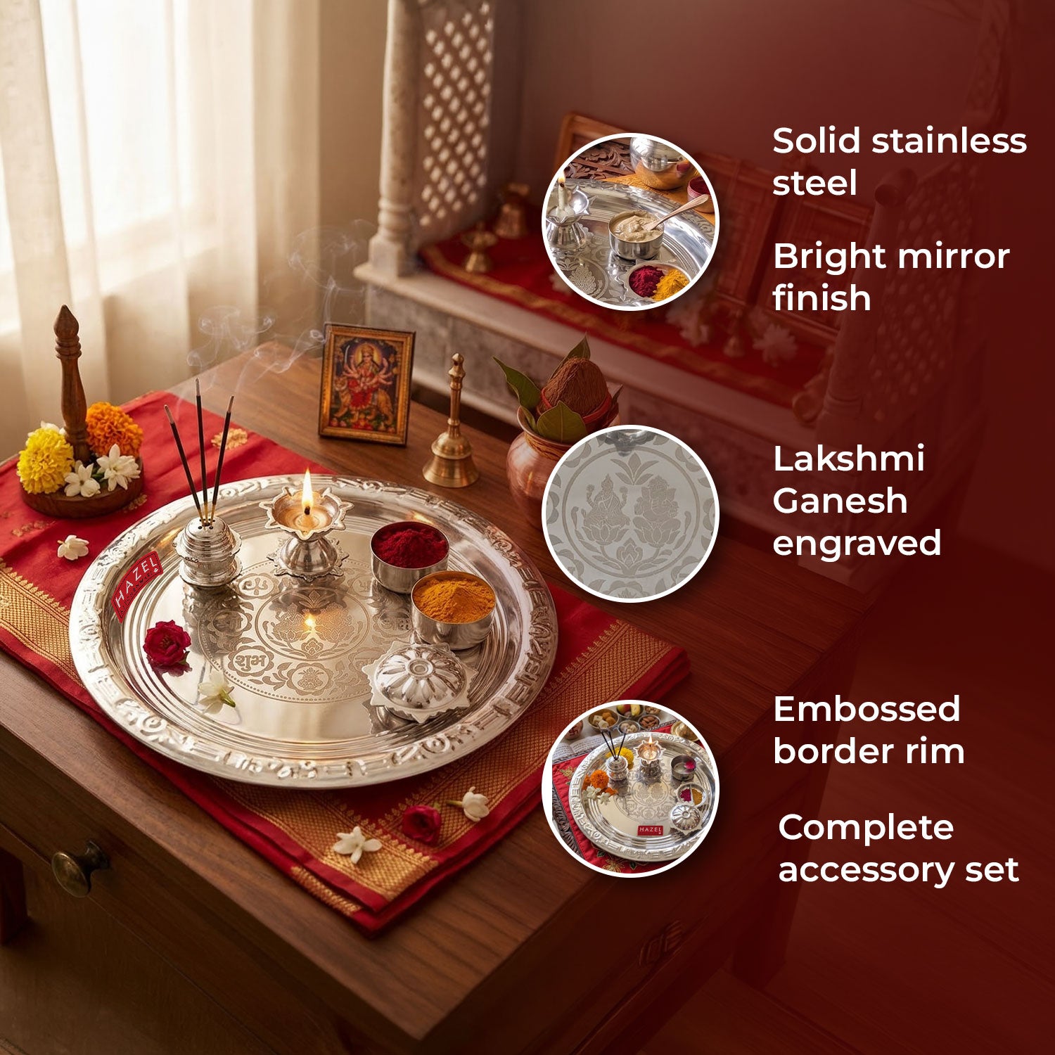 Stainless Steel Complete Pooja Thali Set, Lakshmi Ganesh Engraved Shubh Labh Aarti Thali