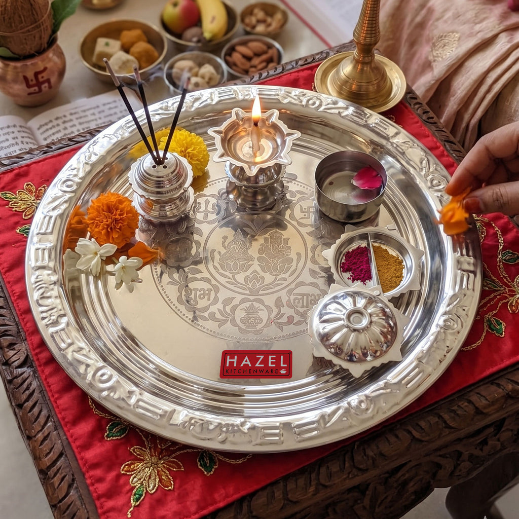 Stainless Steel Complete Pooja Thali Set, Lakshmi Ganesh Engraved Shubh Labh Aarti Thali