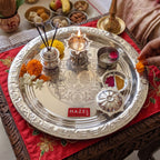 Stainless Steel Complete Pooja Thali Set, Lakshmi Ganesh Engraved Shubh Labh Aarti Thali