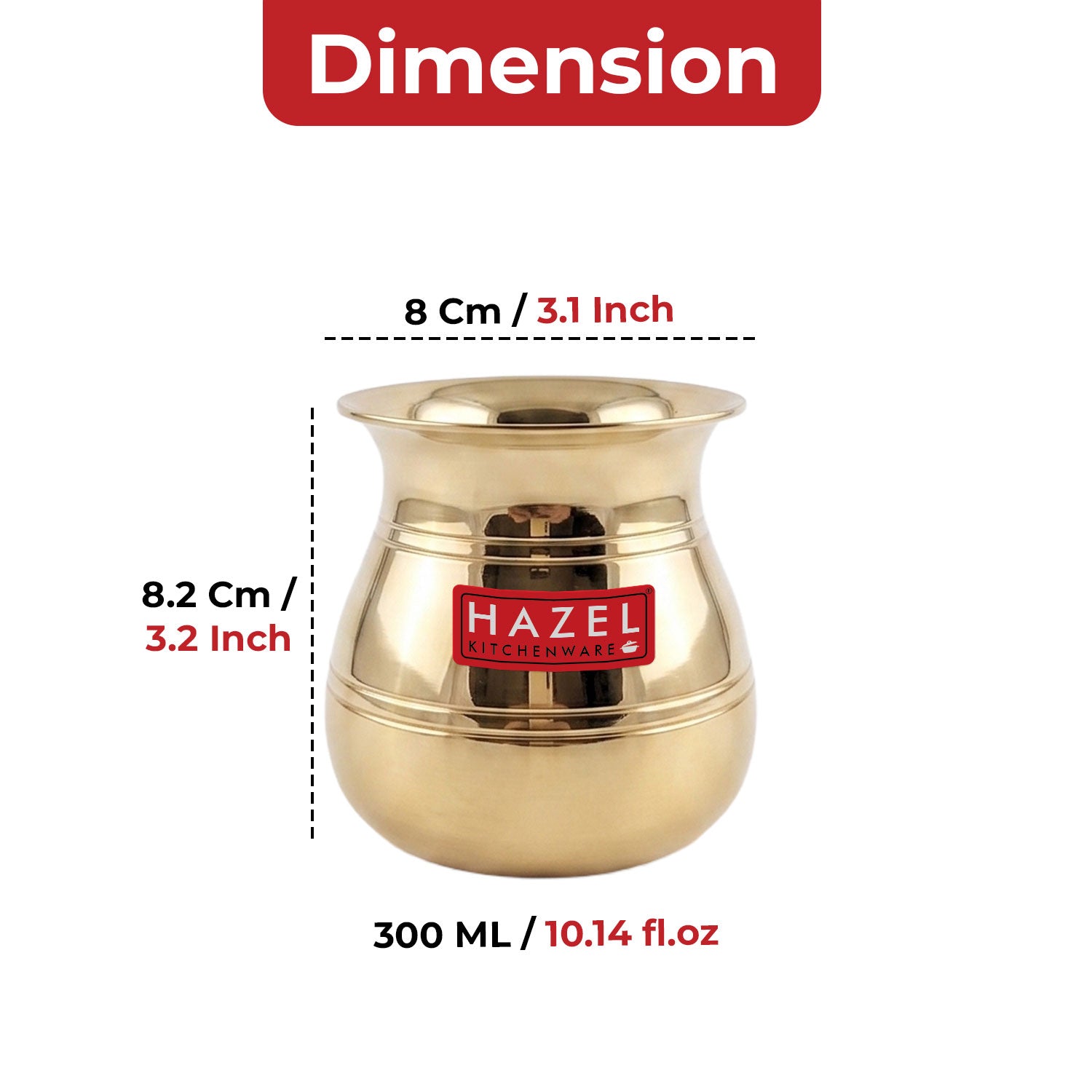 Brass kalash lota with dimension callouts showing 8 cm width, 8.2 cm height and 300 ml capacity under a red Dimension banner.