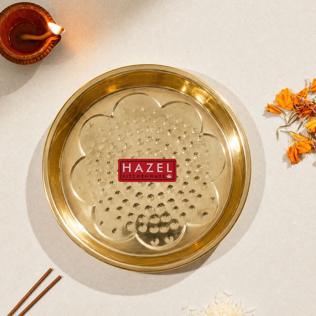 Brass Pooja Thali, Flower Embossed & Hammered Design