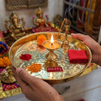 Brass Pooja Thali, Flower Embossed & Hammered Design