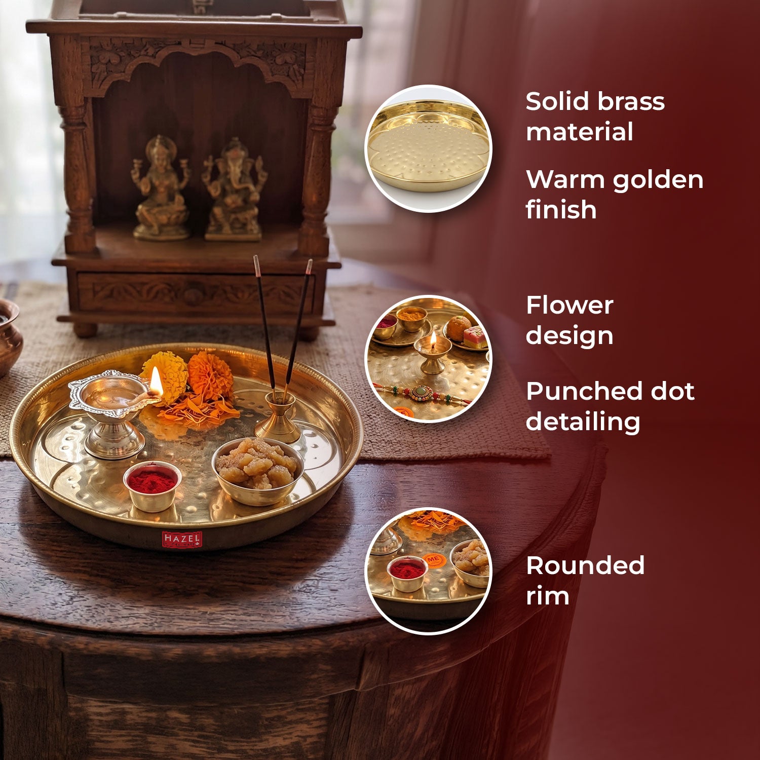 Brass Pooja Thali, Flower Embossed & Hammered Design