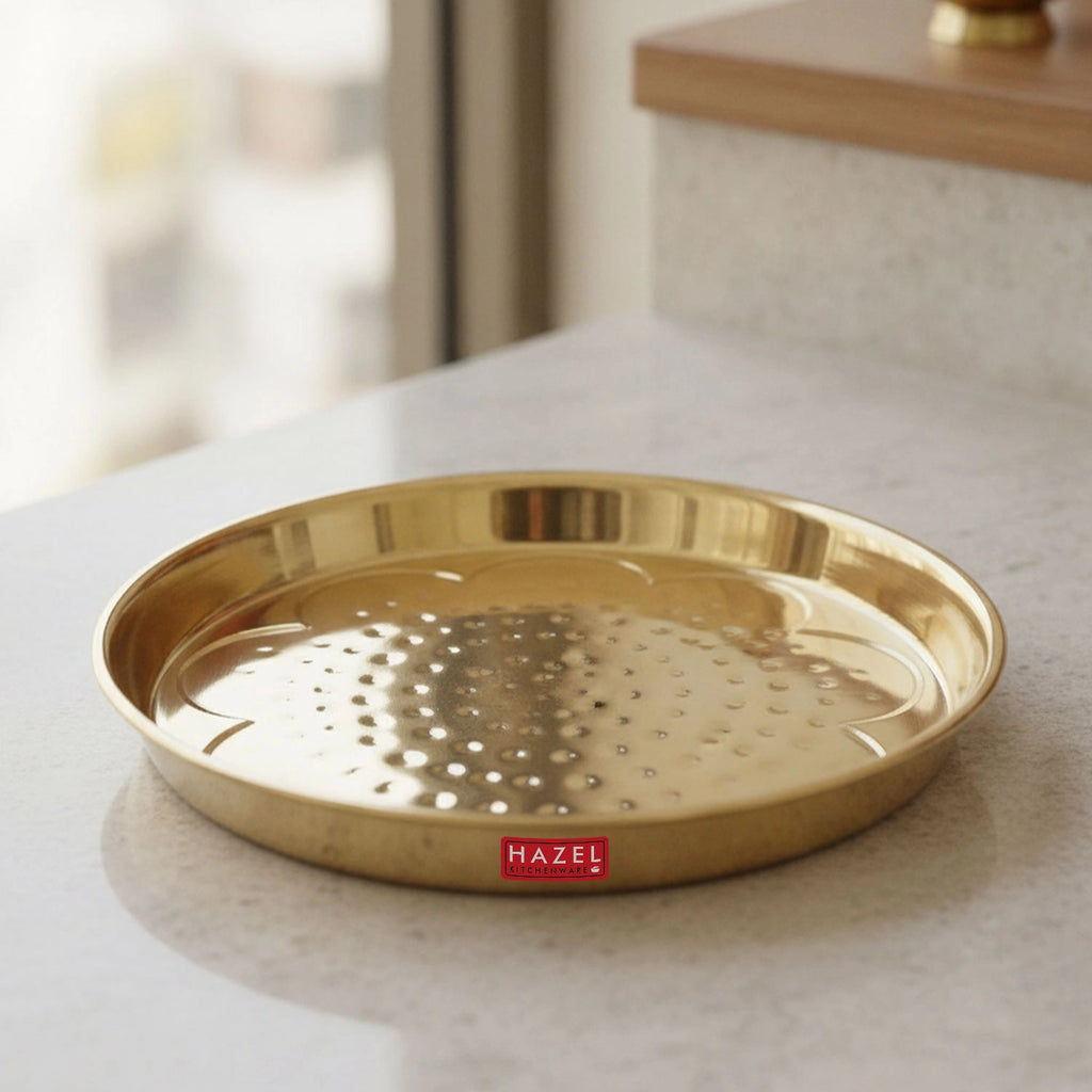 Brass Pooja Thali, Flower Embossed & Hammered Design