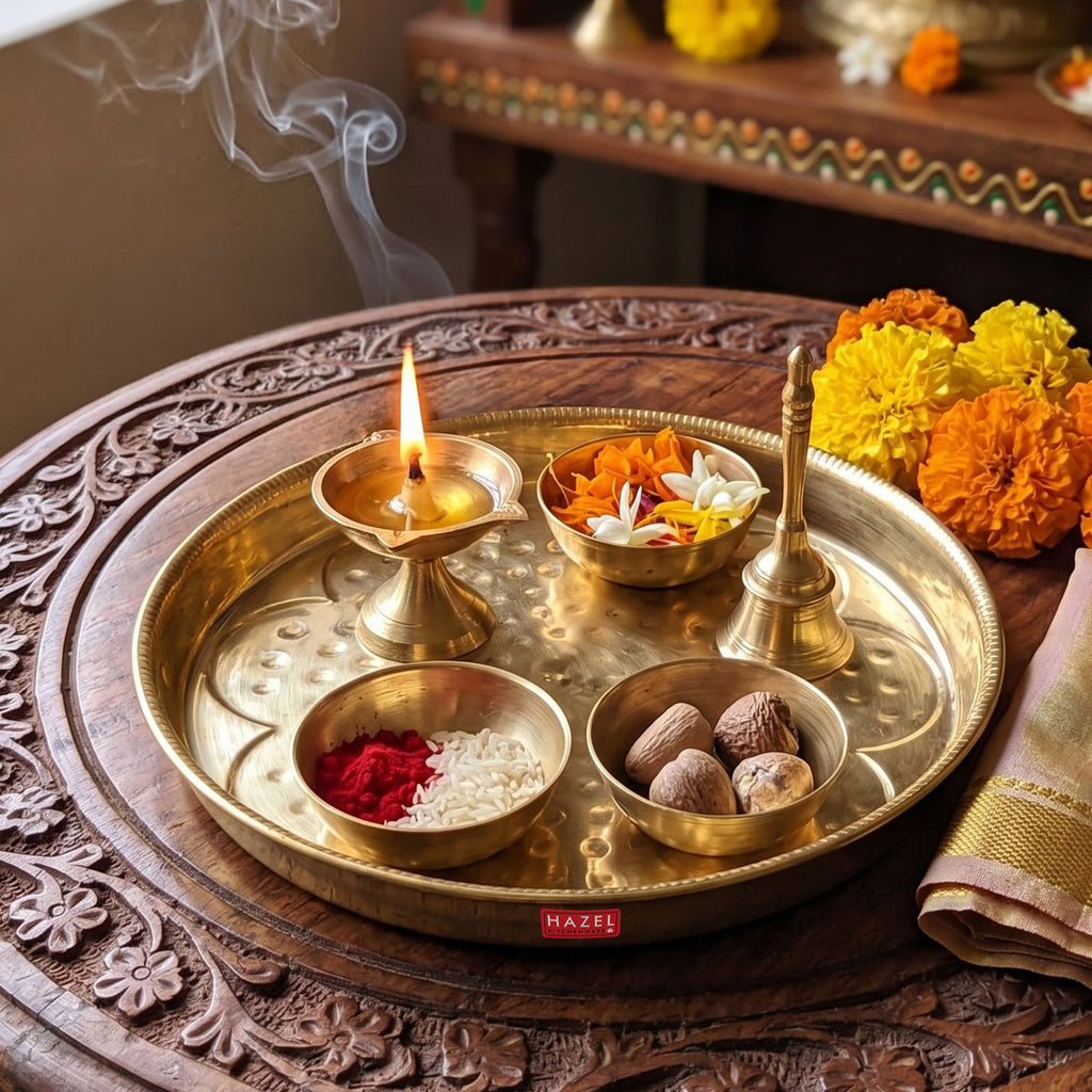 Brass Pooja Thali, Flower Embossed & Hammered Design