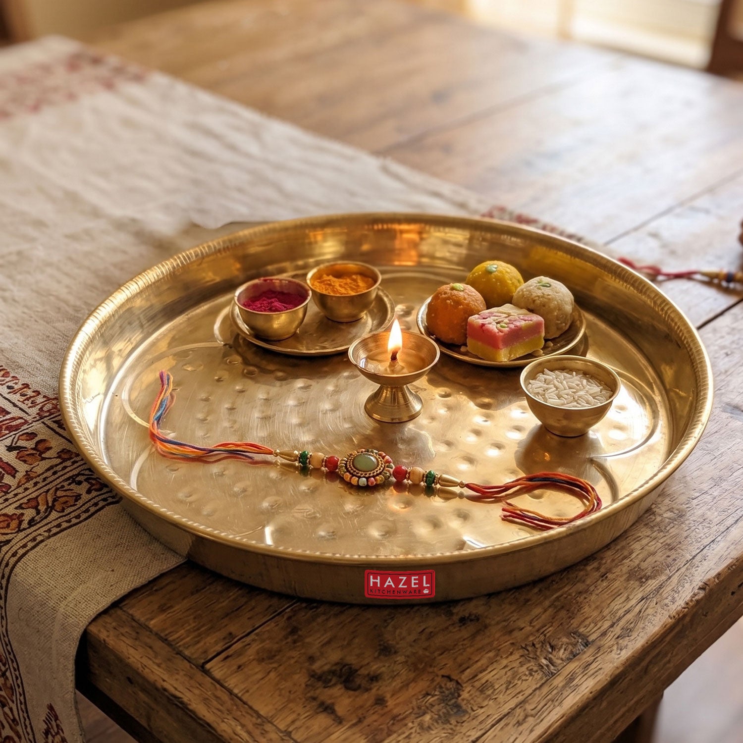 Brass Pooja Thali, Flower Embossed & Hammered Design