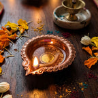 Copper Diya Deepak with Wick Holder, Flower Embossed Oil Lamp